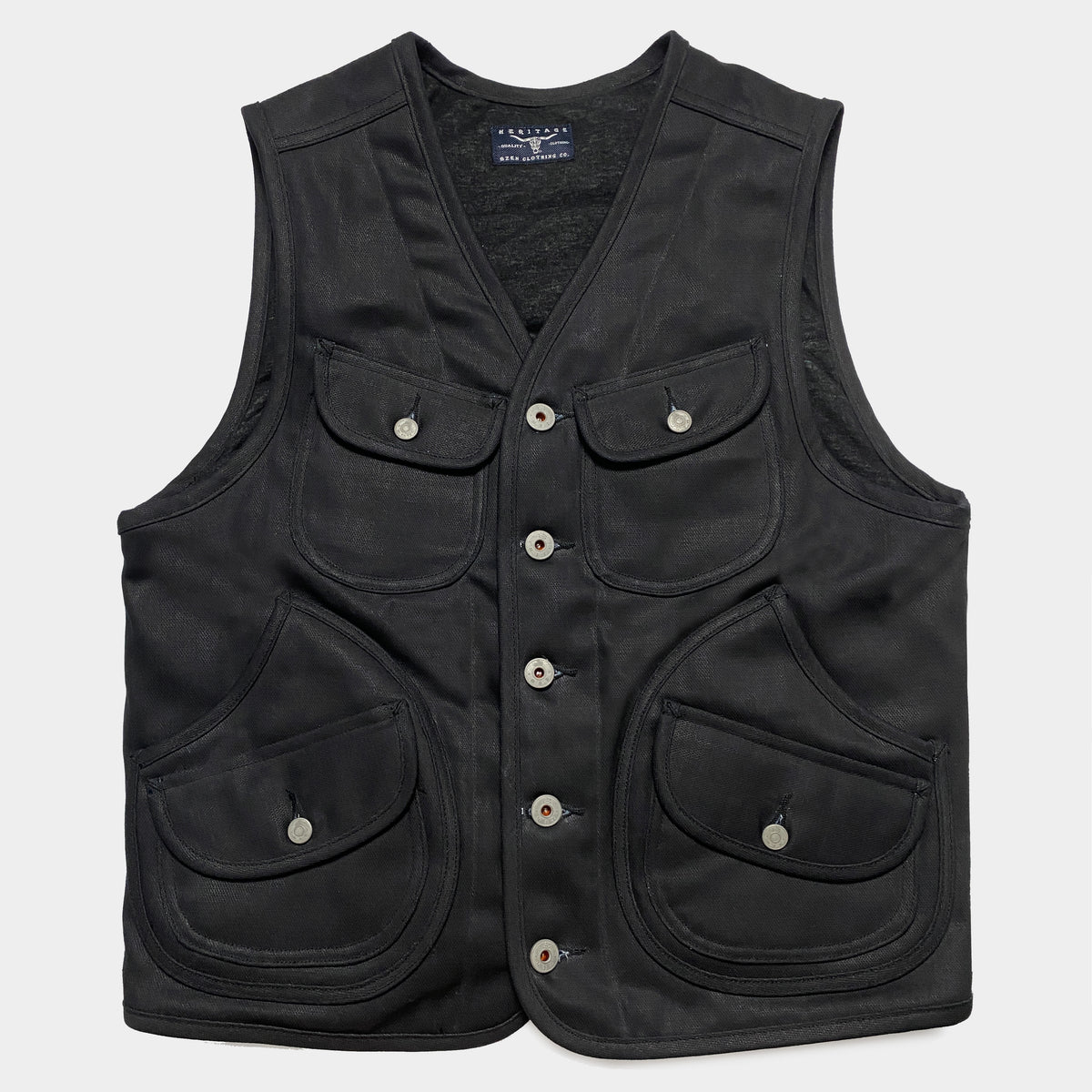 BZEN M.3203RR WATSON-WX REGULAR FIT 6 POCKET VINTAGE INSPIRED LINED WAX  BLACK DENIM VEST-12OZ-WAX BLACK