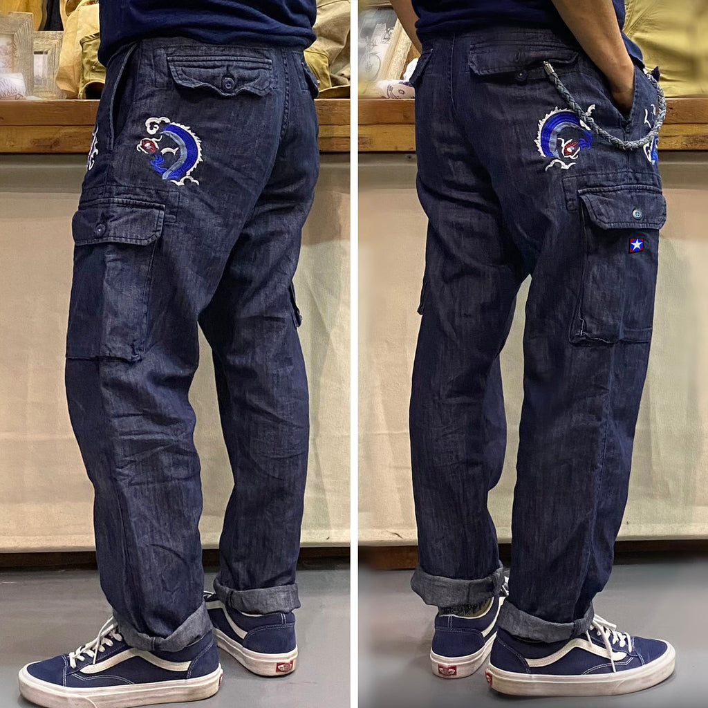 BZEN M.1119 MARSHALL-DRAGON'S HEAD DRAGON'S TAIL REGULAR TAPERED COTTON  LINEN CARGO PANT-7OZ-E0 INDIGO