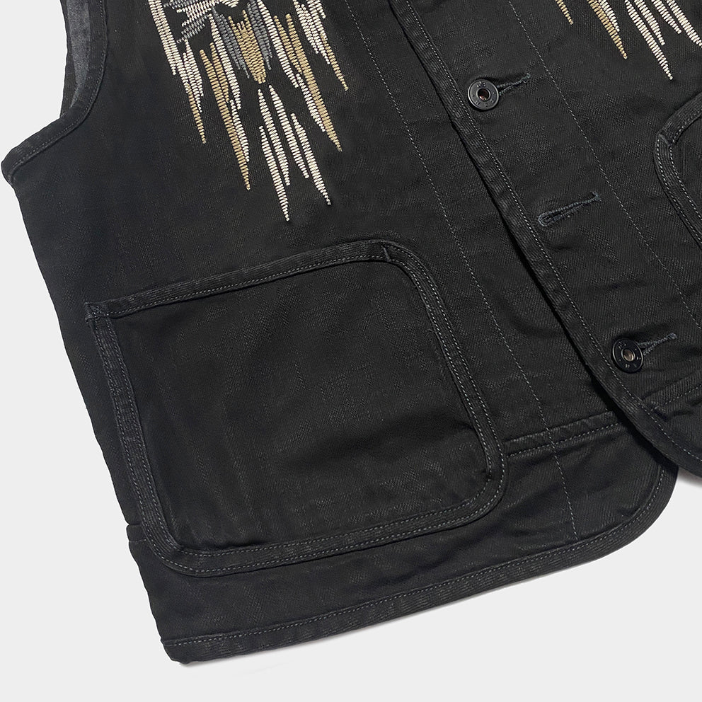 BZEN M.3203R-SILAS NAV-BB REGULAR FIT LINED VEST WITH NATIVE AMERICAN MOTIF  BLACK DENIM-11OZ-E0 BLACK